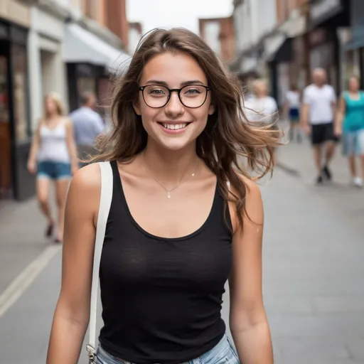 Prompt: Tall young woman walking down the high street, detailed clothing, realistic, natural lighting. shoulder-length, wavy brown hair . She is wearing round black-framed glasses. She is smiling warmly and has a nose ring.  She has freckles. She is wearing tight shorts and a tight fitting, plunging white tee shirt that shows ample clevage. She is fit, strong and beautiful. The is smiling like she is in love with the photographer and has plans for him. 