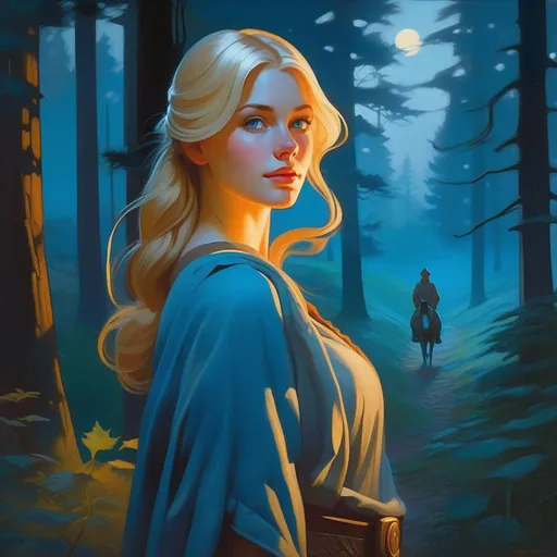 Prompt: Third person, gameplay, ancient Germanic girl, pale skin, freckles, blonde hair, blue eyes, forest at night, fog, blue atmosphere, cartoony style, extremely detailed painting by Greg Rutkowski and by Henry Justice Ford and by Steve Henderson 
