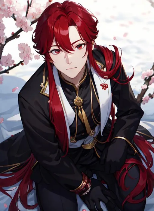 Prompt: Zerif 1male (Red side-swept hair covering his right eye) asking Haley to marry him, 8K, UHD, best quality, under the cherryblossom trees, wearing a casual outfit, red hair, on his knees proposing, ring in his hand, bowing