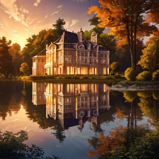 Prompt: Mansion with veranda. A small lake. A Northern European Forest. Sunset. perfect composition, hyper realistic, super detailed, 8k, high quality, trending art, trending on artstation, sharp focus, studio photo, intricate details, highly detailed gold trimmings