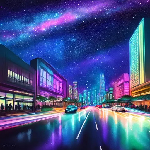 Prompt: a watercolor style painting of a city, galaxy sky, nighttime, soft light, art, cars with light trails, fireflies, vaporwave