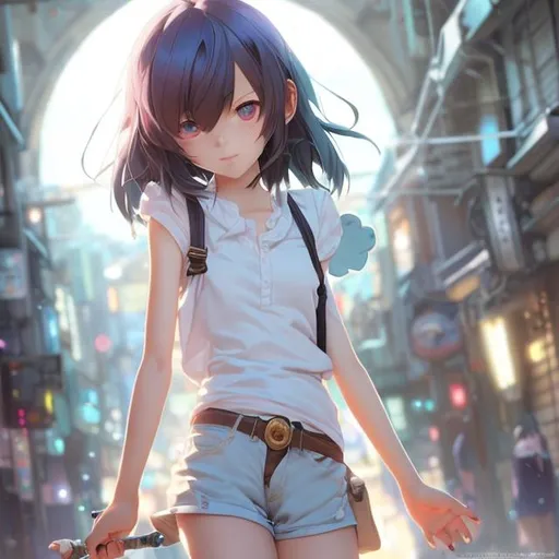 Prompt: full body shot, a cute girl, smooth soft skin,showing entire chest, big dreamy eyes,revealing clothing,beautiful light blue colored hair, revealing clothing, wearing very short pants,symmetrical, anime wide eyes, soft lighting, detailed face, by makoto shinkai, stanley artgerm lau, wlop, rossdraws, concept art, digital painting, looking into camera