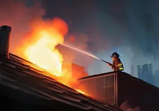 Prompt: firefighter puts out the fire