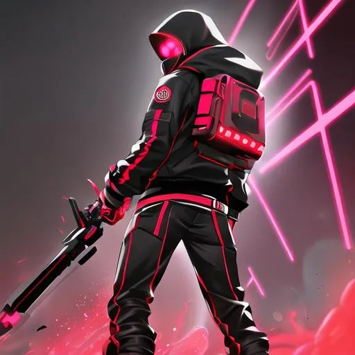 Prompt: Male character, black but red neon gas mask, cyber netrunner hood (black but neon red), neon red Sword In its Back, Red Mecha Cyber Jacket, black jeans, red shoes