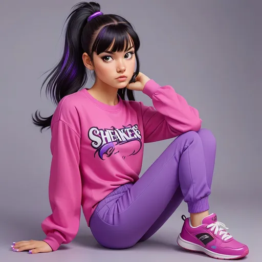 Prompt: Teenage girl. Has dark black hair in a ponytail with a purple highlight. She has hair bangs that cover her forehead
She wears a purple full-sleeved shirt. She wears hot pink pants and purple sneakers.