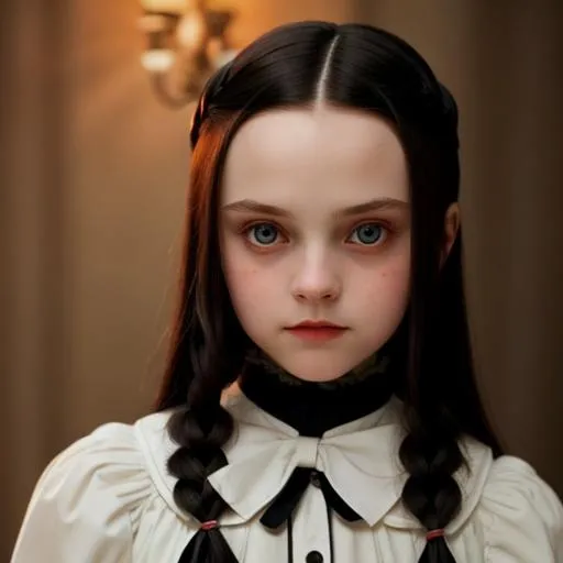 Prompt: Wednesday Addams
Sensual
Passionate
Intimate
Romantic
Tender
Loving
Evocative
Soft focus
Warm lighting
Close-up shot
Gentle colors
Full-body