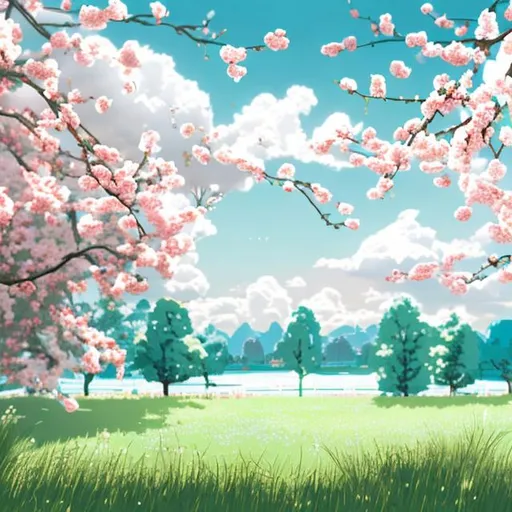 Prompt: a real photo with one cherry tree in bright pink, pale blue sky and white a couple of clouds, pastel green tones for the grass. Create a high pixel quality spring scene in nature using the items mentioned in the previous sentence. improve the cherry trees flowers
