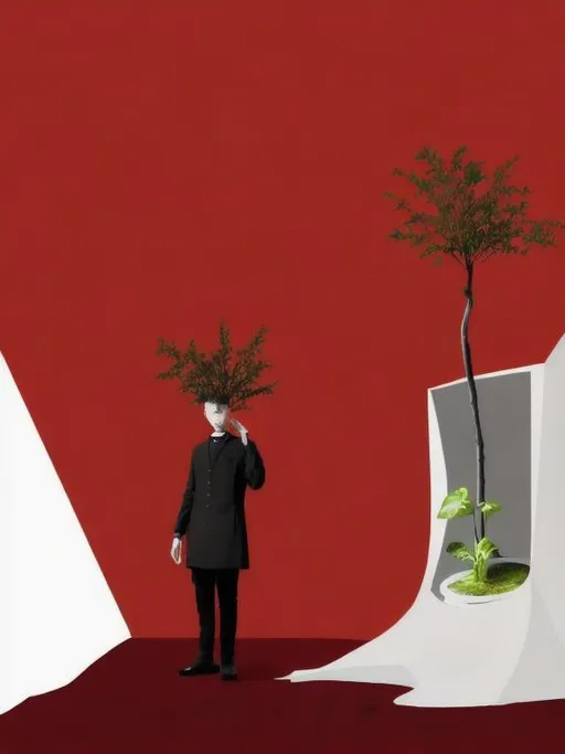 Prompt: a completely white and cold minimalist decor, a man dressed in black leans over a hole in the ground he holds in his hands, a green plant there is water all around him