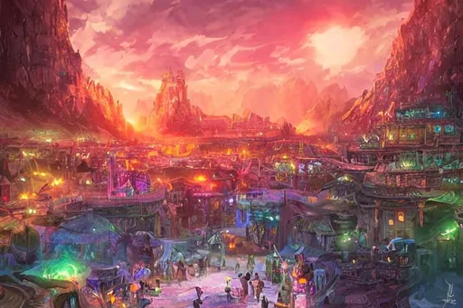 Prompt: beautiful kingdom on the shore with warm lights and happy people, vibrant colors, concept art, sci fi style