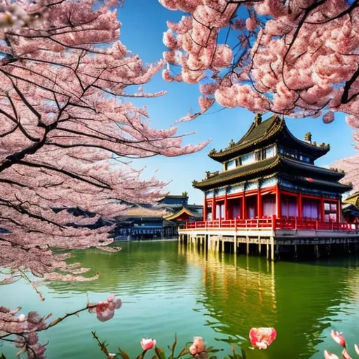 Prompt: A breath taking view of a traditional Chinese pagoda floating in the middle of the sunny sky surrounded by cherry blossom trees  beautiful multi colourful crowded with magical people beautiful fantasy fairy tale 
