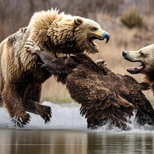 Prompt: Eagle, wolf and grizzly bear fight