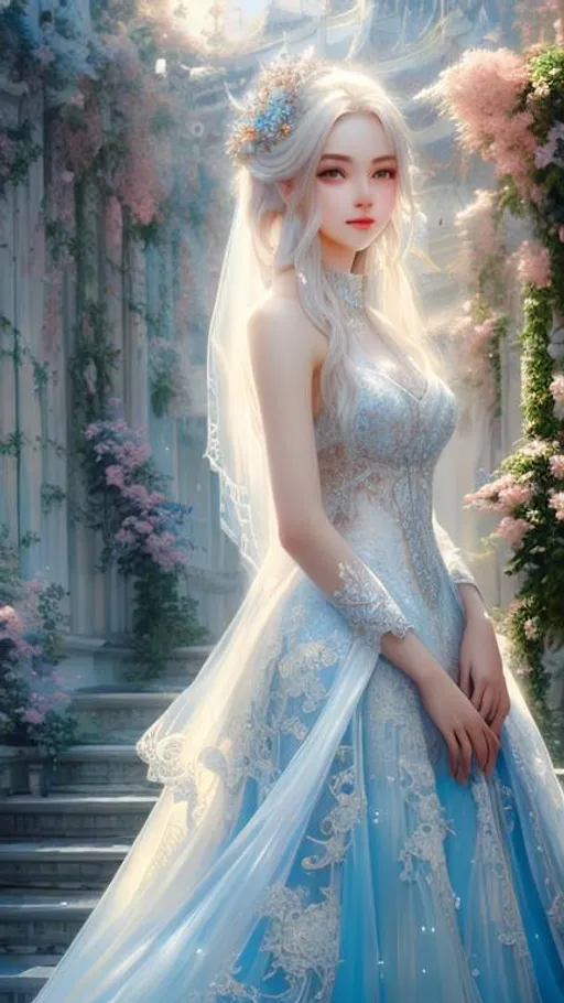 Prompt: hyper detailed painting by sakimichan style and wlop style,  Insanely detailed full body beautiful white hair goddess wearing blue wedding dress, intricate face, beautiful long hair, rule of third of beutiful landscape ultra HD 4k 10 bit depth