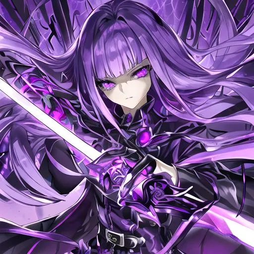 Prompt: Beautiful female alien hybrid, detailed eyes, has a sword emanating lightning, a young anime woman with long dark purple luxurious hair with a fringe haircut, purple eyes, disoriented due to memory loss, wearing a trenchcoat with neon purple edges and a belt with hanging silver chains and wears black leather gloves, an amethyst hairclip in her hair, fantasy, clear sparkling purple glowing eyes, intricately detailed face, intricate, highly-detailed, ultrarealistic face, large landscape, mechanics, dramatic lighting, gorgeous face, lifelike, stunning, digital painting, large, artstation, illustration, concept art, smooth, sharp focus, looking and smiling at viewer, full body, photography, detailed skin, realistic, photo-realistic, 8k, highly detailed, full length frame, High detail, showing full body, full body art 