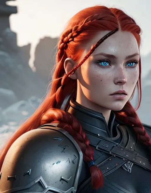 Prompt: Digital art, woman viking, red hair, cornrow braids, blue eyes, black gear, black armor, unreal engine 16k octane, 3d lighting, full body, full armor