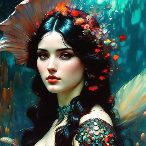 Prompt: ohn williams waterhouse, Attractive underwater mermaid goddess,  black hair,  high contrast, colorful polychromatic, ultra detailed, ultra quality, CGSociety, depth of field, full body portrait, temple surroundings, romantic oil painting, 