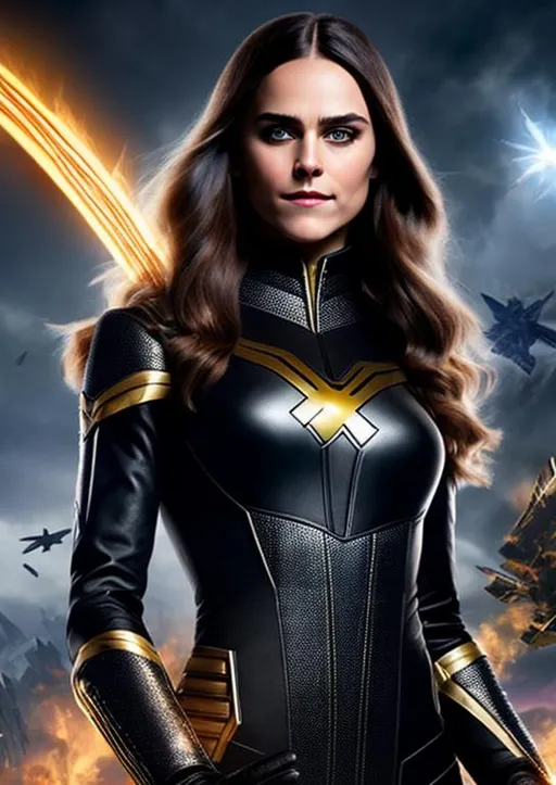 Prompt: High-resolution hyperrealistic photo of x-man shadowcat kate pryde merged with x-man magik ilyana rasputin, black and silver and gold costume, uhd, hdr, 64k