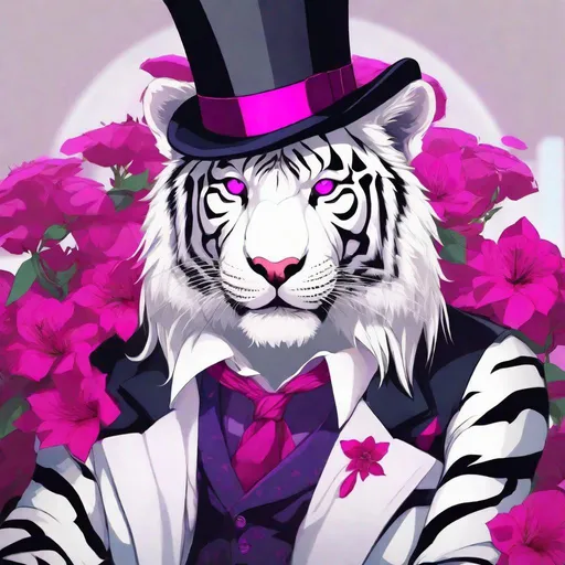Prompt:  a massive rockstar white bengal tiger, with sharp fuchsia eyes. Human form. They identify as male,  Wearing a top hat, and they can be seen holding a weapon. Anime style. 