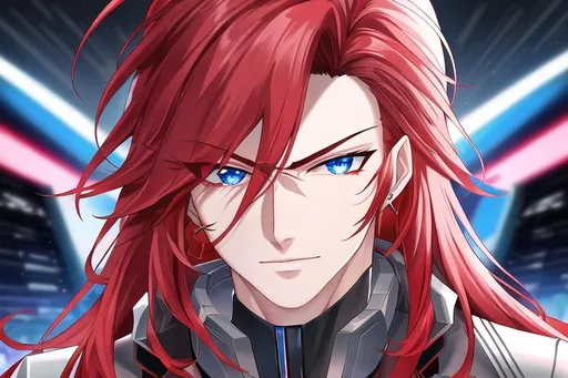 Prompt: Zerif 1male (Red side-swept hair falling between the eyes, sharp and sassy blue eyes), highly detailed face, 8K, Insane detail, best quality, UHD, handsome, flirty, muscular, Highly detailed, insane detail, high quality. cyberpunk