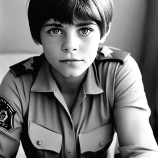 Prompt: Young Linda Hamilton with a pixie cut and bangs as fresh faced 1970s era LAPD officer. 
