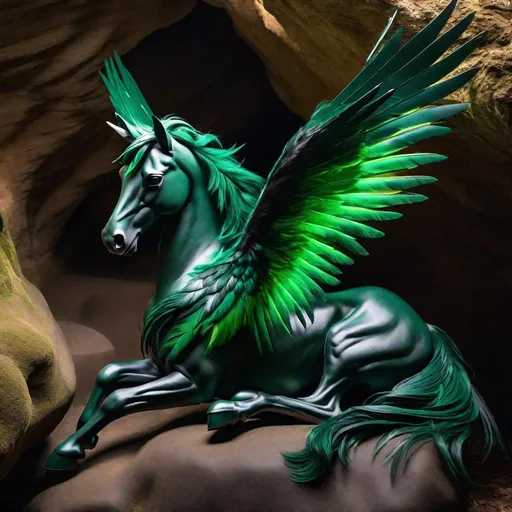 Prompt:  twisted pegasus animatronic hybrid, with focused emerald eyes. They identify as a Male. Emerald colored feathery wings and tail. dark Green ombre mane and tail, green haze, green and black coat, lying down in a cave, asleep, resting, 
