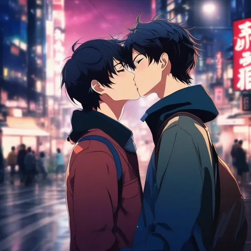 Prompt: Two young men kissing, in the middle of tokio, night colours, anime art, rosy cheeks, UHD wallpaper, 