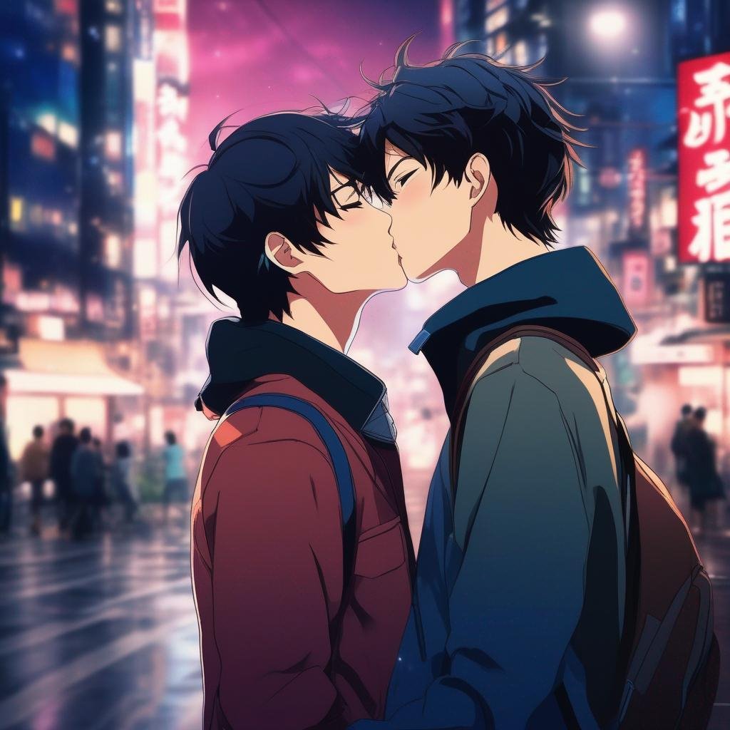 Two young men kissing, in the middle of tokio, night... | OpenArt