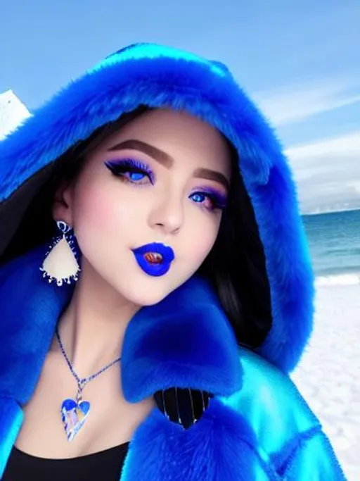 Prompt: Mila eating candy ice cream, blue lipstick, snowy beach, blue heart necklaces, Thick blue fur coat, Black Cape, pleasant face, blue eyes, Black-purple eyeshadow, long ice earrings. Cold color scheme, ultradetailed, 8k resolution, perfect, smooth, high quality, shiny. 