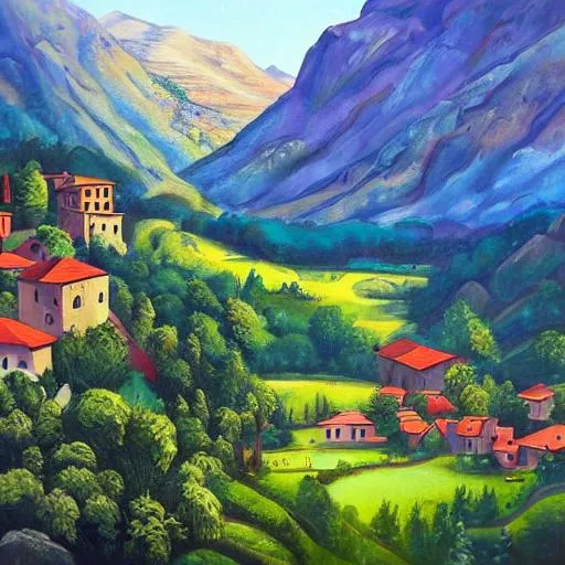 Prompt: small medieval town, tall walls around, in a valley of mountains, forest around the town, summer vibes, colorful, landscape, akril painting, 