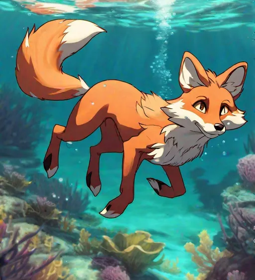 Prompt: Anthro furry humanoid fox swimming underwater,  full body, ocean