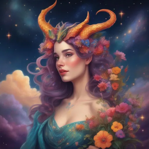 Prompt: A colourful and beautiful Persephone, she is a dragon woman, with scales for skin, horns and gems in her hair. In a beautiful flowing dress made of wildflowers. Framed by a nighttime sky of clouds, stars and constellations. In a photorealistic painted Disney style.