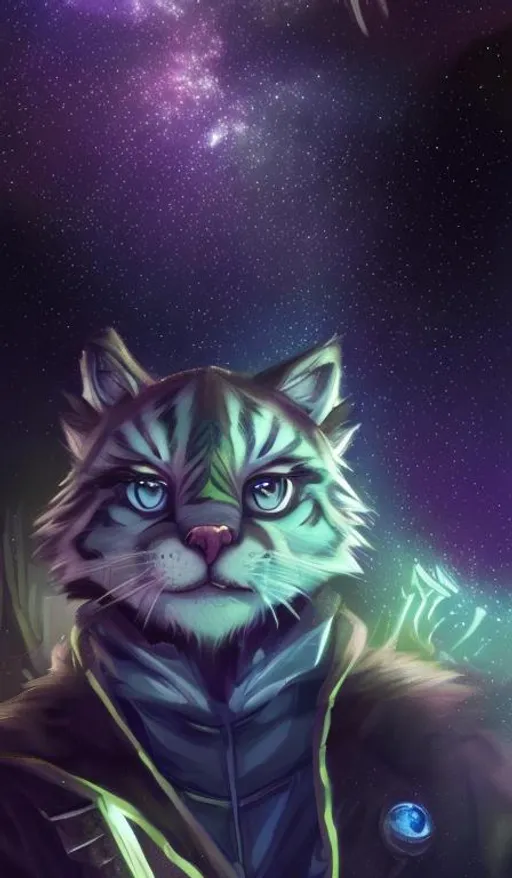 Prompt: character concept art | cute | male | green eyes | anthropomorphic | fluffy | tiger |  feline | khajiit |furry | fine face| purple eyes | pretty face | key visual | fine details | starry sky | watching stars