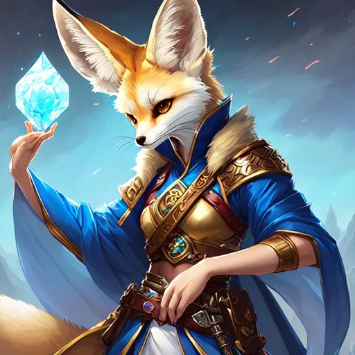 Prompt: anthropomorphic fennec fox with blue eyes, Asian clothes, furry, pretty, beautiful, DnD character art portrait, matte fantasy painting, DeviantArt Artstation, by Jason Felix by Steve Argyle by Tyler Jacobson by Peter Mohrbacher, cinematic lighting, One tail,