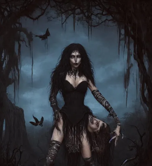 Prompt: Portrait of {animalistic Romani vampire woman} with {black} hair and with cute face, {Swamp}, perfect composition, hyperrealistic, super detailed, 8k, high quality, trending art, trending on artstation, sharp focus, studio photo, intricate details, highly detailed, by greg rutkowski