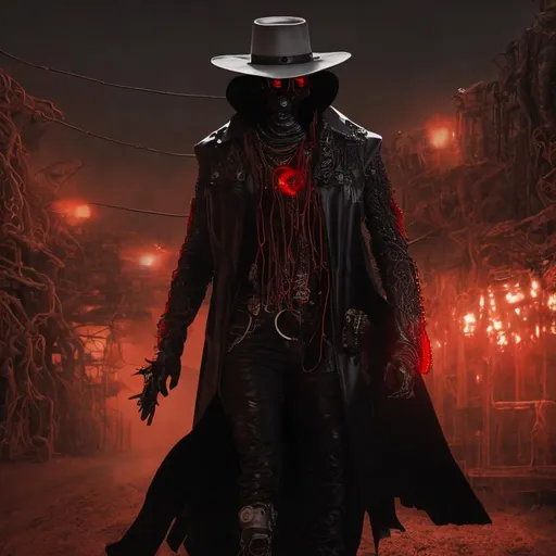Prompt: Cyber Cowboy with 4 Arms, fiery red Poncho, Dressed in black duster and Stetson Cowboy Hat, with Red Sunglasses, Haunting Presence, Intricately Detailed, Hyperdetailed, Desert Wild West Landscape, Dusty Midnight Lighting, Wild West Feel