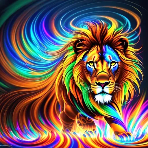 Prompt: beautiful swirl dark chaos vivid bold, 3D, HD, [{one}({liquid metal {African}Lion, (plasma) with {orange yellow brown green red dark-blue}plasma)[::2, expansive psychedelic background --s99500 