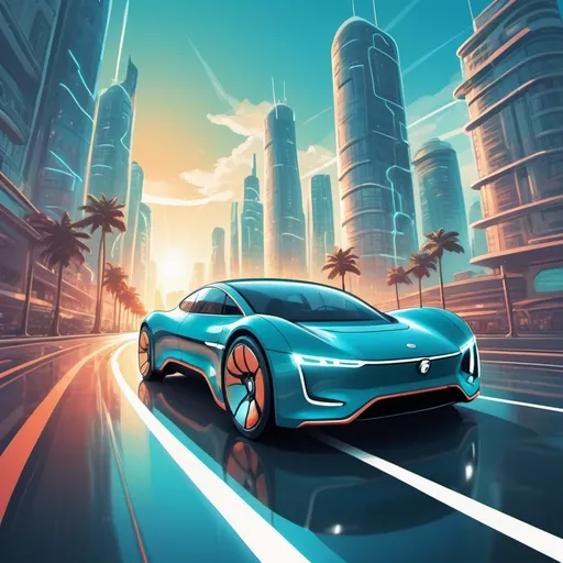 Prompt: Electric car driving fast through a futuristic city next to the ocean, centered perspective, POV, retro comic style, comic book cover, vibrant
