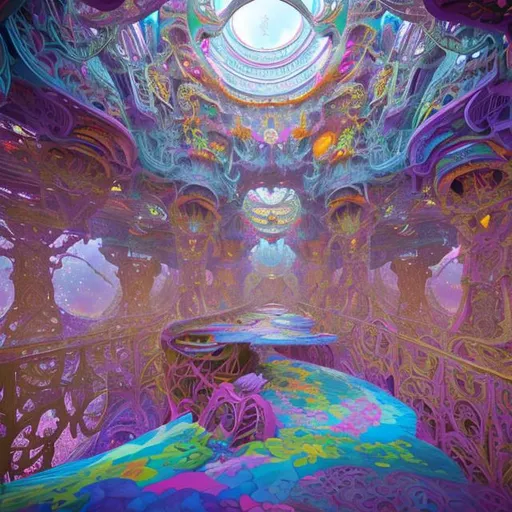 Prompt: They found themselves suspended in a kaleidoscope of colors and shapes, a surreal dreamscape that shifted and changed around them.
As they traversed the surreal landscape, they noticed that the platforms were connected by shimmering bridges of light. They followed one such bridge that led them to a colossal floating structure that resembled an otherworldly library. The structure was adorned with intricate carvings and symbols, and its ethereal glow bathed them in a warm, comforting light.
