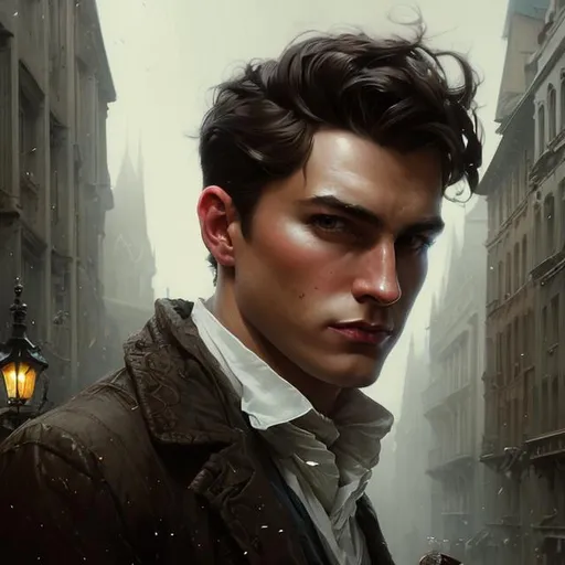 Prompt: Splash art portrait of ruggedly handsome, androgynous, dark brown haired man with short hair, light facial stubble, 30 years old, victorian light clothes, elegant, highly detailed, intricate, smooth, sharp focus, artstation, digital painting, concept art, art by greg rutkowski, alphonse mucha and John William Waterhouse, light, romantic, happy, soft, gentle, golden, warm, summer