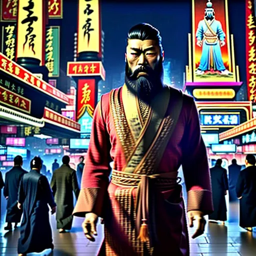 Prompt: A captivating image emerges - a bearded Asian man donning a unique fusion of Eastern and Western attire. His long necktie adds a touch of formality, and his overcoat robe completes his outfit. He radiates strength, resembling a terra cotta warrior in a necktie. The scene is set amidst the backdrop of futuristic Chinese buildings, evoking a realistic and picturesque landscape. The photograph captures the essence of this intriguing blend, inviting viewers to delve deeper into the fusion of cultures.