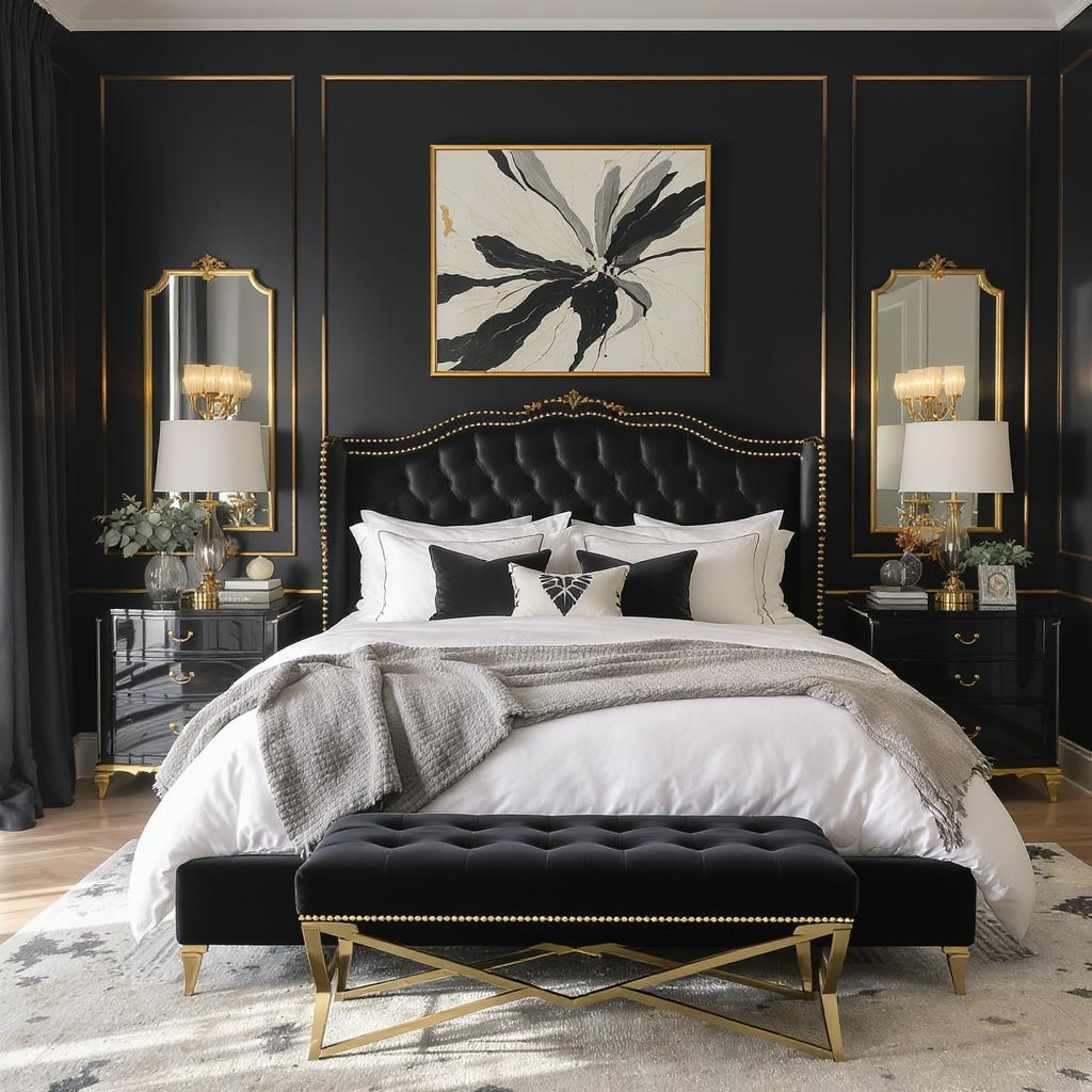 Master bedroom with black and gold accents