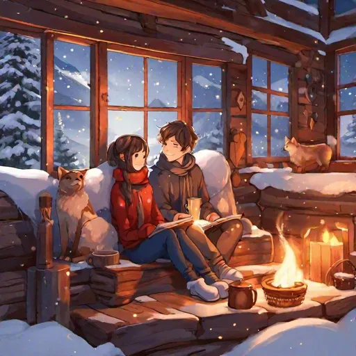 Prompt: there's nothing in this world that can express how much i love you, glow, love, hearts, anime boy and girl couple inside a log cabin snuggled up together in front of a log fire trying to keep warm, wrapped in blankets with hot coco besides them, white, silvery snow outside 