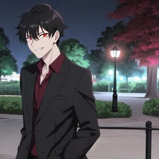 Prompt: Damien (male, short black hair, red eyes) in the park at night, grinning sadistically, casual outfit