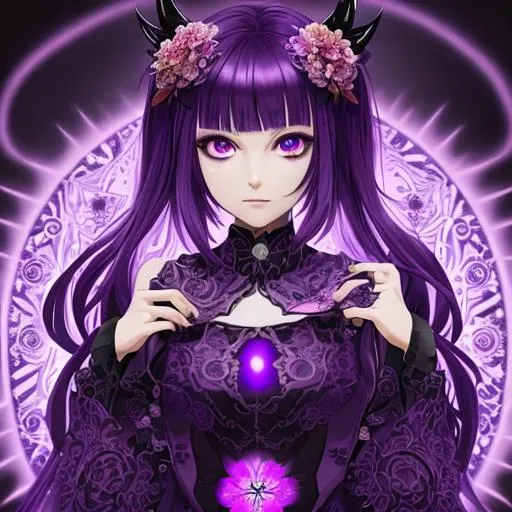 Prompt: anime portrait facing camera, of cute anime girl, devilish purple anime eyes glowing with dark energy, intricate dark purple hair with a purple aura around it, beautiful clothes with an intricate embossing flower pattern 