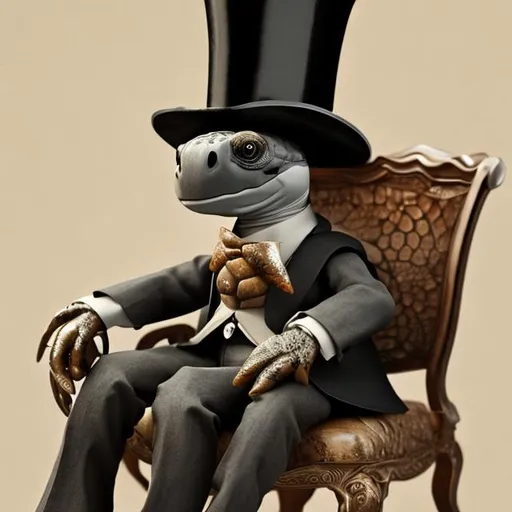 Prompt: turtle on a chair with a top hat