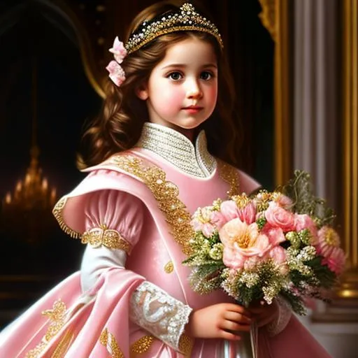 Prompt: a girl wearing royal costume and holding flowers, soft pastel color, detailed, 8k