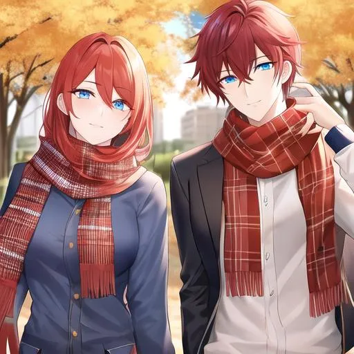 Prompt: Zerif 1male (Red side-swept hair covering his right eye, blue eyes), highly detailed face, wearing a cozy flannel shirt and a pair of stylish jeans. In the park, fall.  wearing a scarf, looking up at the sky, in a pumpkin patch, adult. Handsome,  detailed, UHD, HD, 4K, highly detailed, red haze, masculine, anime style