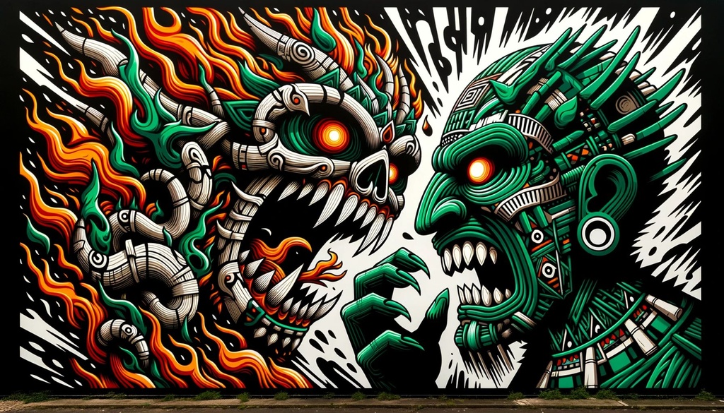 Prompt: Graphic illustration of a flaming monster with ndebele-inspired motifs battling a face in bold graffiti mural style, primarily using green and black colors on a panoramic scale sheet film.