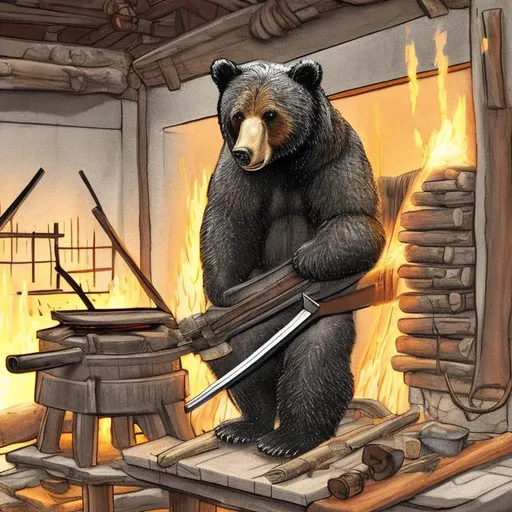 Prompt: a bear forging a katana in a forge