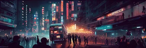 Prompt: dancing party people in a bus dancing, perfect composition, hyperrealistic, super detailed, 8k, high quality, trending art, trending on artstation, sharp focus, studio photo, intricate details, highly detailed, cyberpunk, by greg rutkowski