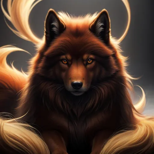 Prompt: 8k, 3D, UHD, masterpiece, oil painting, best quality, artstation, hyper realistic, photograph, perfect composition, zoomed out view of character, 8k eyes, Portrait of a (beautiful Ninetales), {canine quadruped}, glistening gold fur, thick luxurious fur, deep sinister (crimson eyes), ageless, lives a thousand years, epic anime portrait, vindictive, angry, growling, vengeful, wearing a luxurious {crimson collar}, presenting magical jewel, billowing gold mane with fluffy golden crest, golden magic fur lighlights, studio lighting, global illumination, sharp focus, intricately detailed fur, graceful, regal, billowing chest, cinematic, vector art, ray tracing, possesses fire element, blizzard, snow mountain, magnificent, sharp detailed eyes, beautifully detailed face, highly detailed starry sky with pastel pink clouds, ambient golden light, plump, perfect proportions, vector art, nine beautiful tails with pale orange tips, insanely beautiful, highly detailed mouth, symmetric, sharp focus, golden ratio, magic fur highlights, complementary colors, perfect composition, professional, unreal engine, high octane render, highly detailed mouth, Yuino Chiri, Anne Stokes